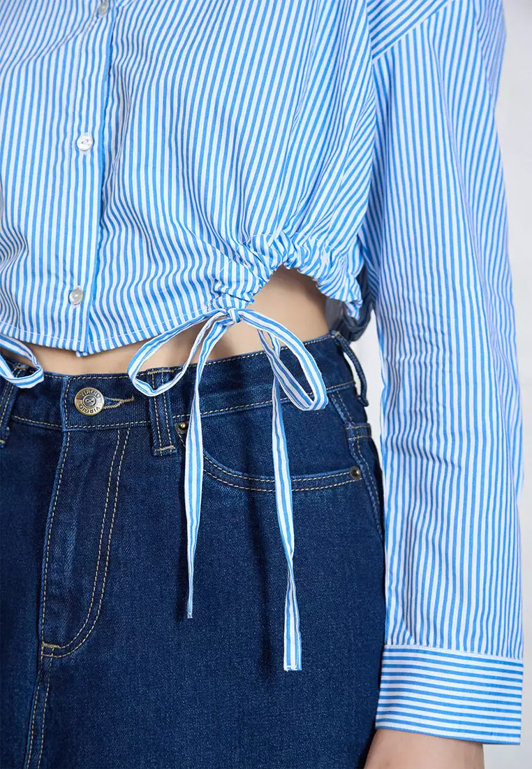 VIRGIO 100% Cotton Relaxed Tie Hem Striped Shirt