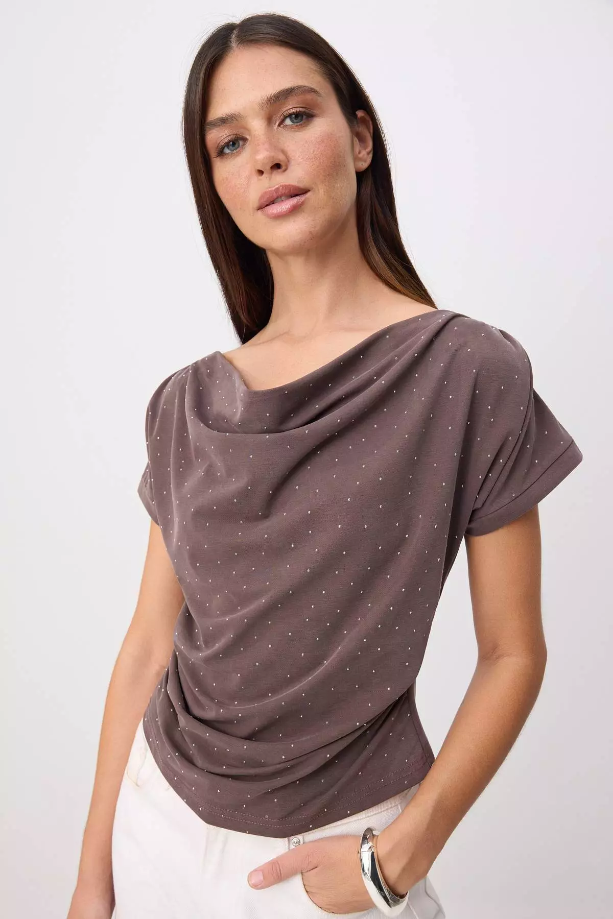 Light Brown Premium Lyocell Content Soft Knitted Blouse With Degaje Collar Stone Detail Twoss26Bz00714
