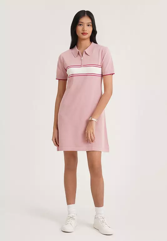Collared Flat Knit Dress with Color Block Detail