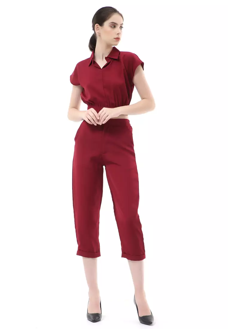 Nayra One Set Setelan Atasan Crop Karet Lengan Pendek Basic Pants Wanita Material Dolce ORIGINAL - Maroon