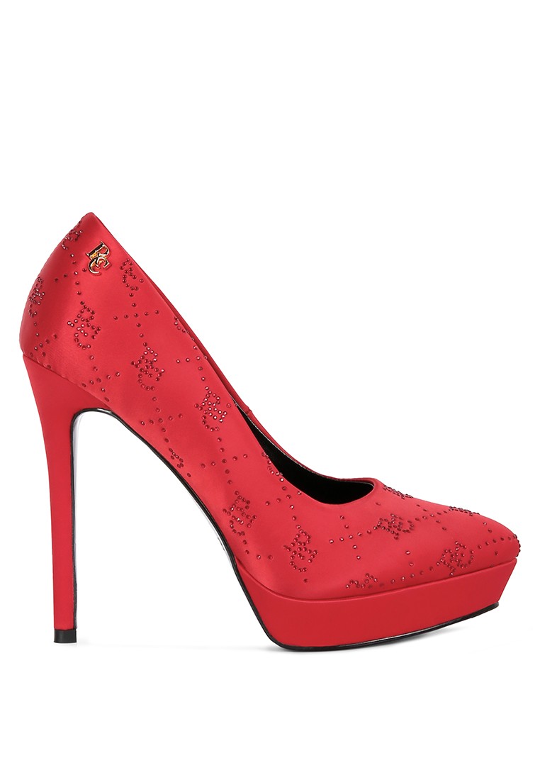 Red Monogram Satin Stiletto Pumps