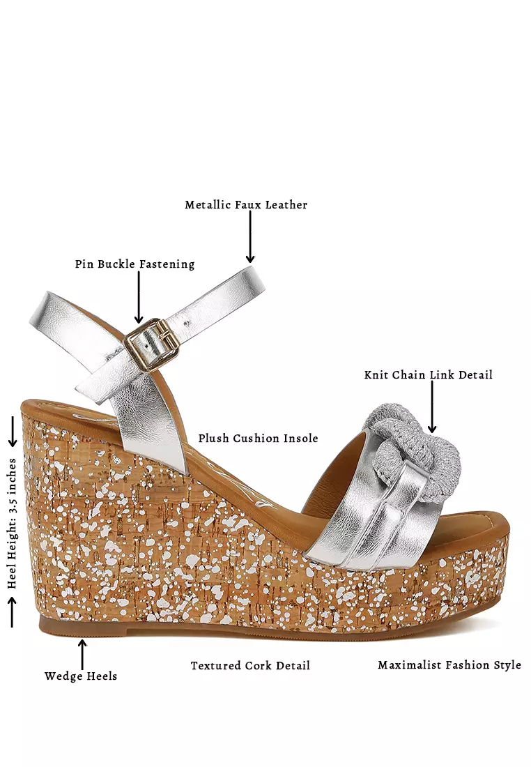 Chain Link Detail Wedge Sandals in Silver