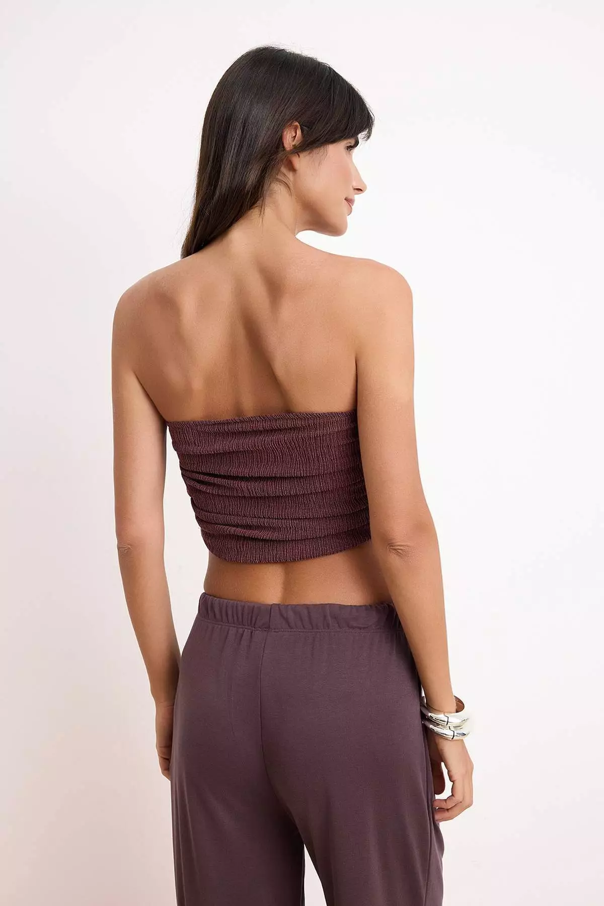 Burgundy Pink Strapless Shirred Stretchy Knitted Blouse Twoss24Bz216