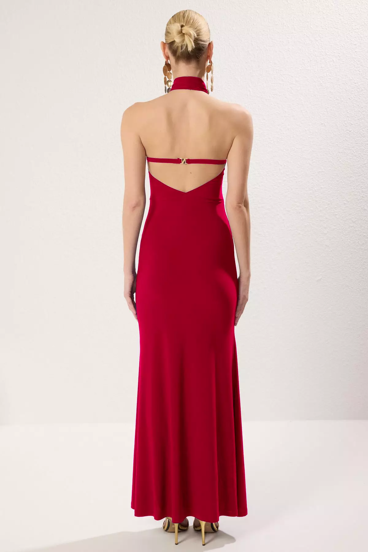 Red Buckle Detailed Maxi Stylish Evening Dress