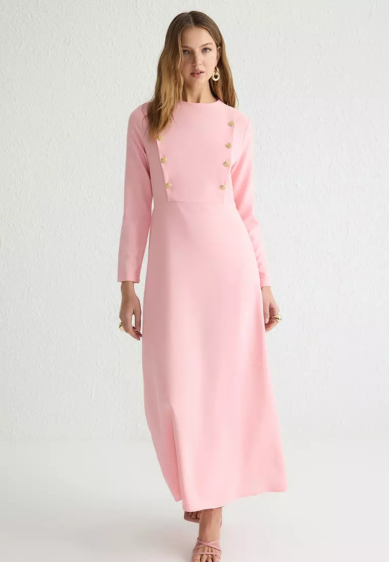 Light Pink Floral Buttoned Woven Dress TCTSS25EB00032