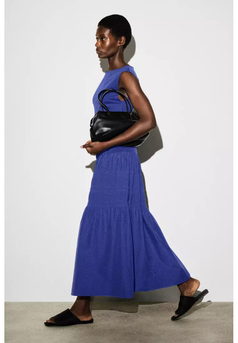 TIERED GATHERED MIDI DRESS