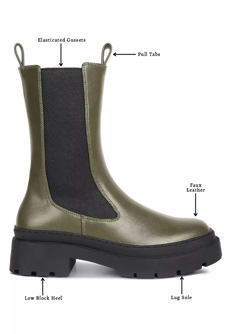 Olive Elasticated Gussets Lug Sole Boots