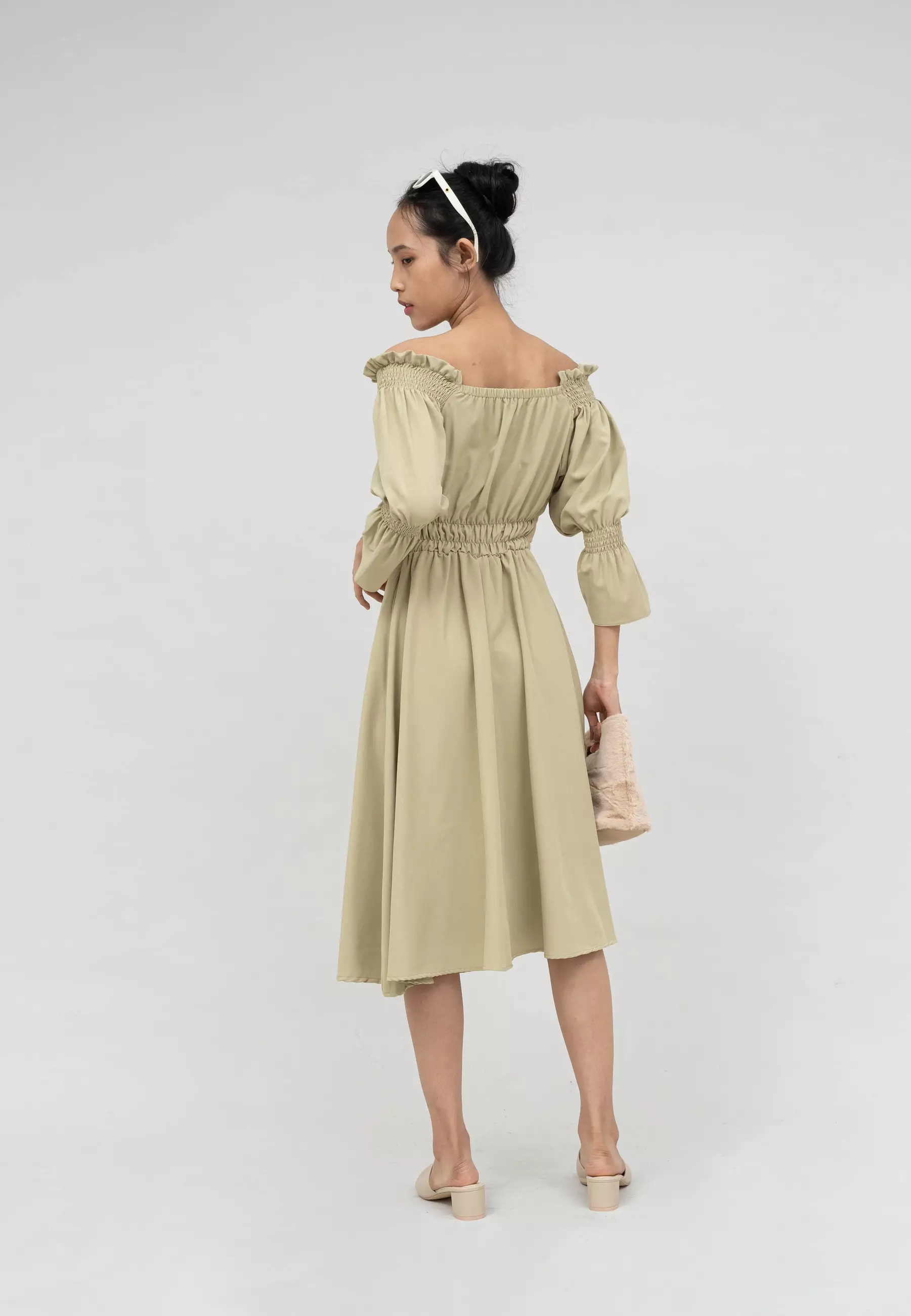 Houseofcuff Blossom Dress in Beige Dress Crepe Model Sabrina