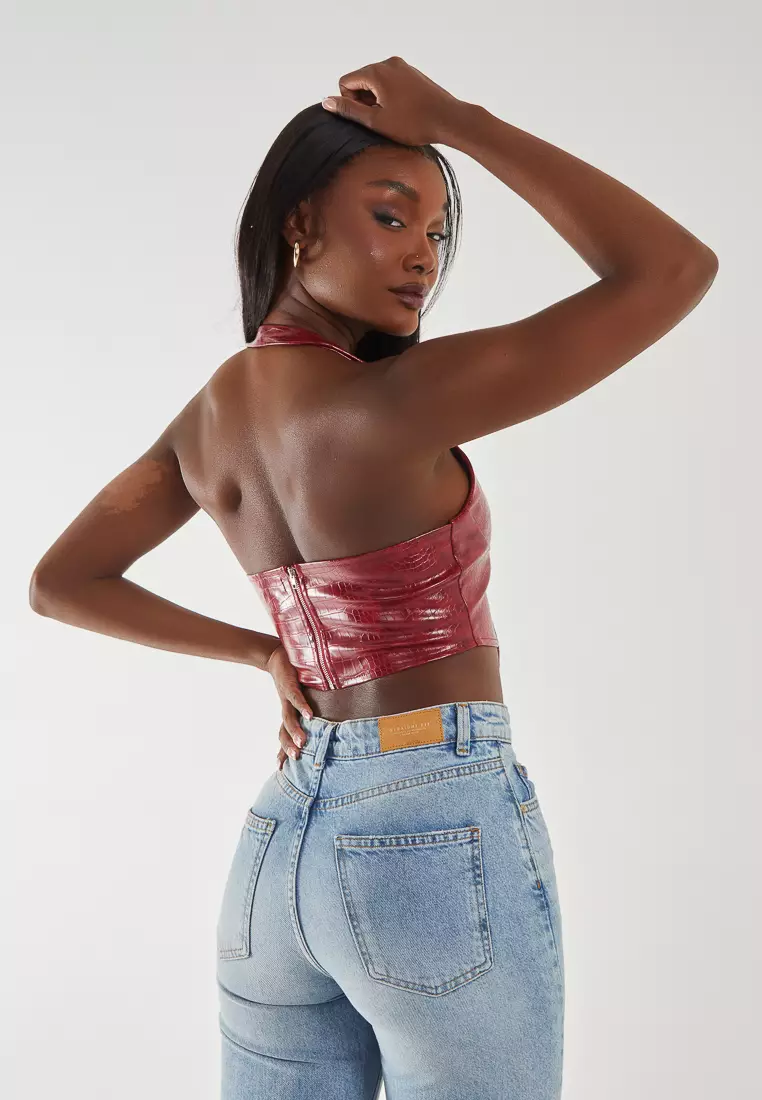 Pink Vanilla Wine Faux Snake Pu Lace Up Corset Top