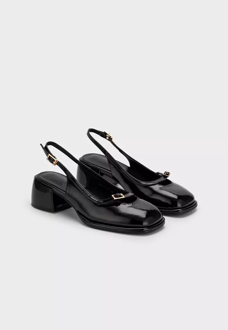 STEP-WIDE SQUARE TOE SLINGBACK CHUNKY HEEL