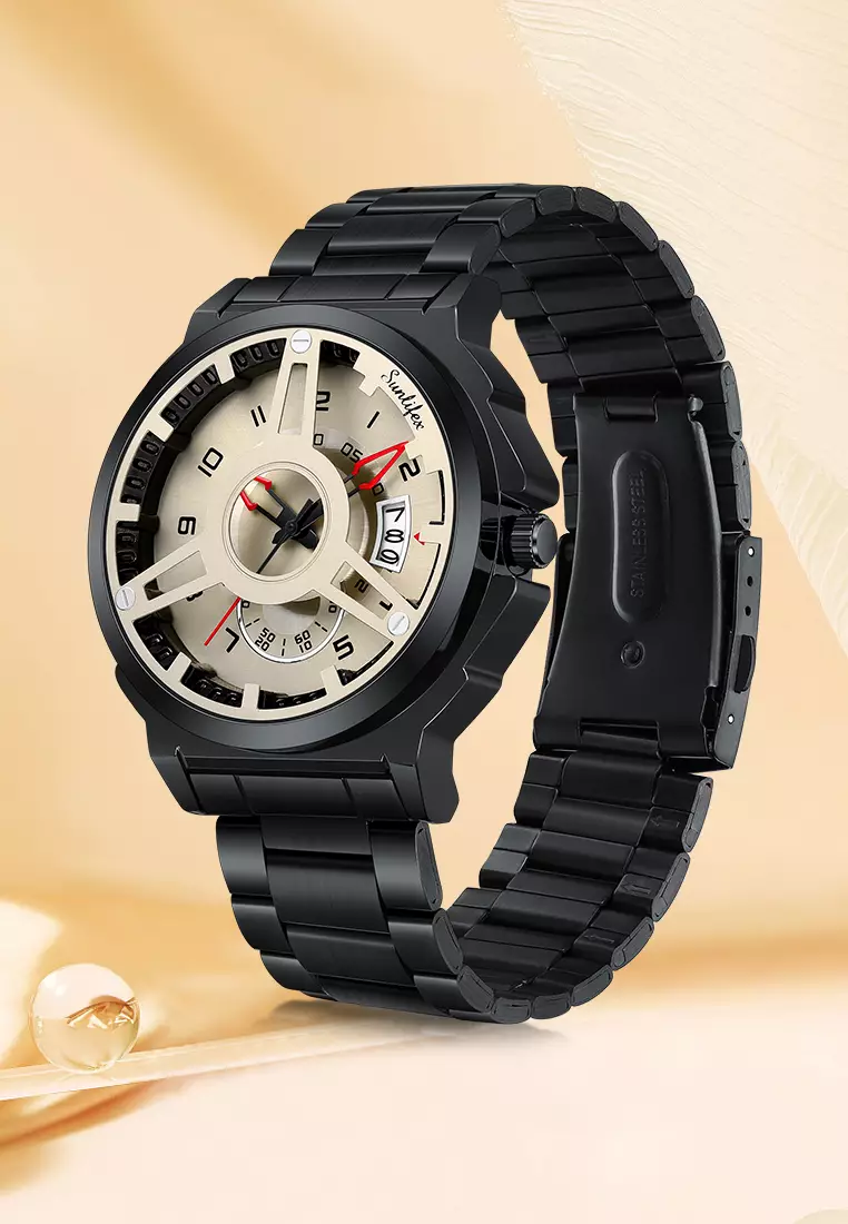 Jam Tangan Pria 9111 Hollow Dial Kuarsa Mode Tanggal Cool Anti Air Jam Tangan Cowok Original blackbrown