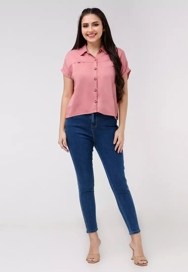 Single Twill Woven Short Sleeves Blouse