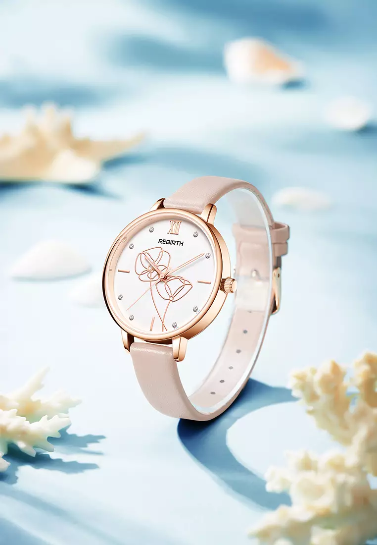 Jam Tangan Wanita Anggun Tali Kulit Display Kuarsa Tahan Air Jam Wanita Mode Jam Tangan Cewek pinkflower