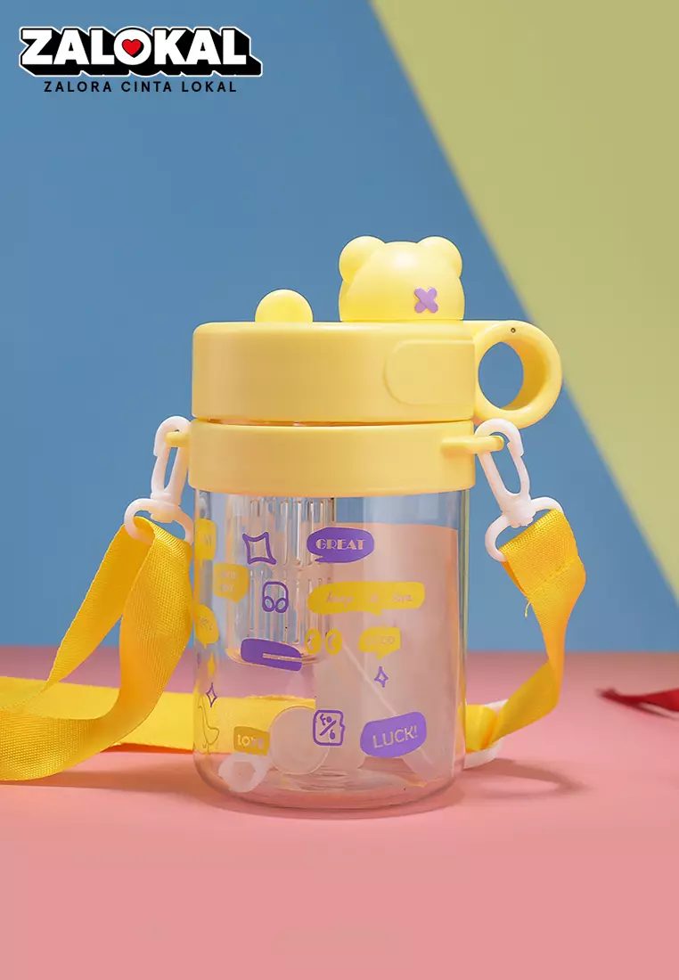Wakakids Botol Minum Anak Plastik Infused Water Free Sticker Lucu dengan Sedotan dan Tali Panjang 600ml K368 Venhs Kuning