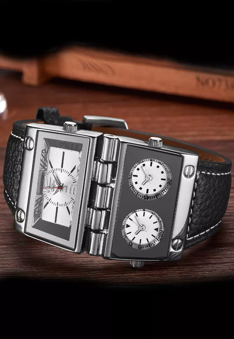 超大號男士石英手錶 - 55x55 毫米 - 精鋼錶殼，黑色錶盤，黑色皮革錶帶