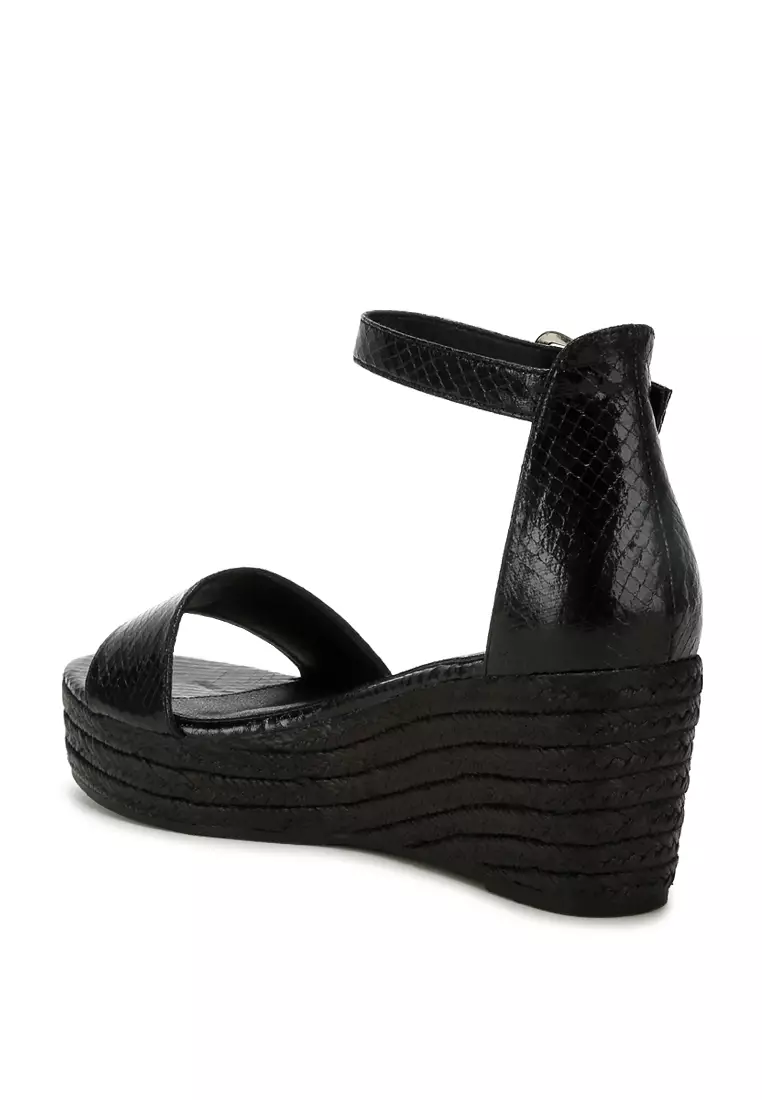 Espadrilles Wedge Ular Kulit Imitasi Hitam