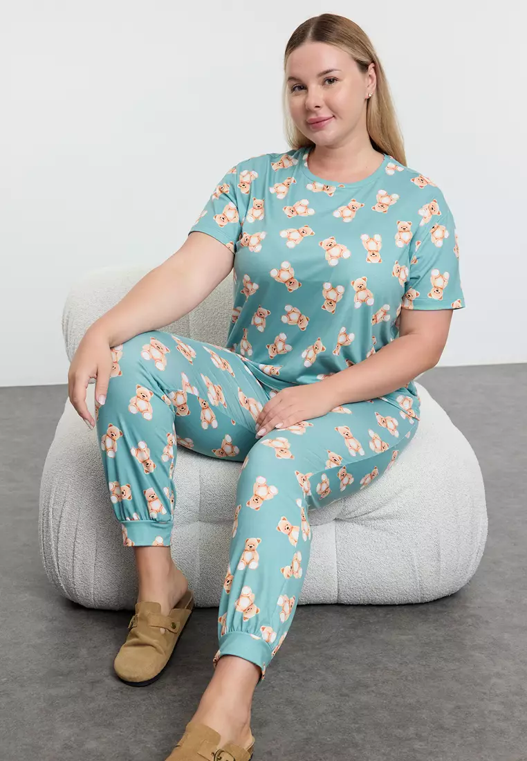 Plus Size Teddy Bear Printed Pyjama Set