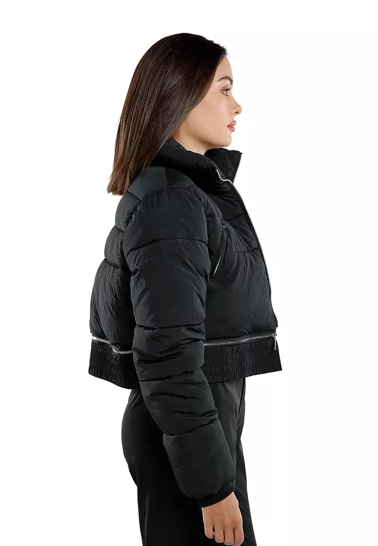 Jaket Puffer Turtleneck Dipotong Hitam yang Dapat Dilepas