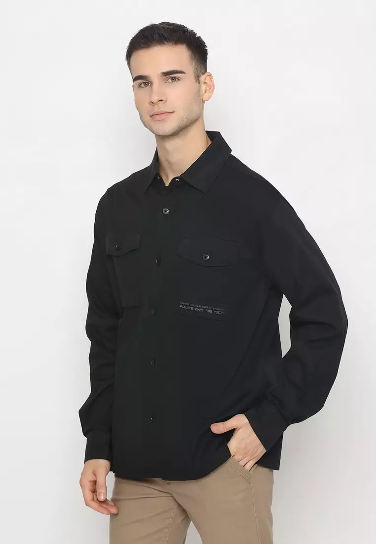 POLICE Kemeja Polos Semi Jaket Hitam Regular Fit Lengan Panjang Pria