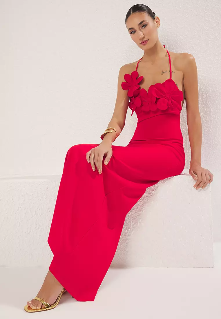 Red Rose Detailed Woven Long Elegant Evening Night Graduation Dress TPRSS25AE00135