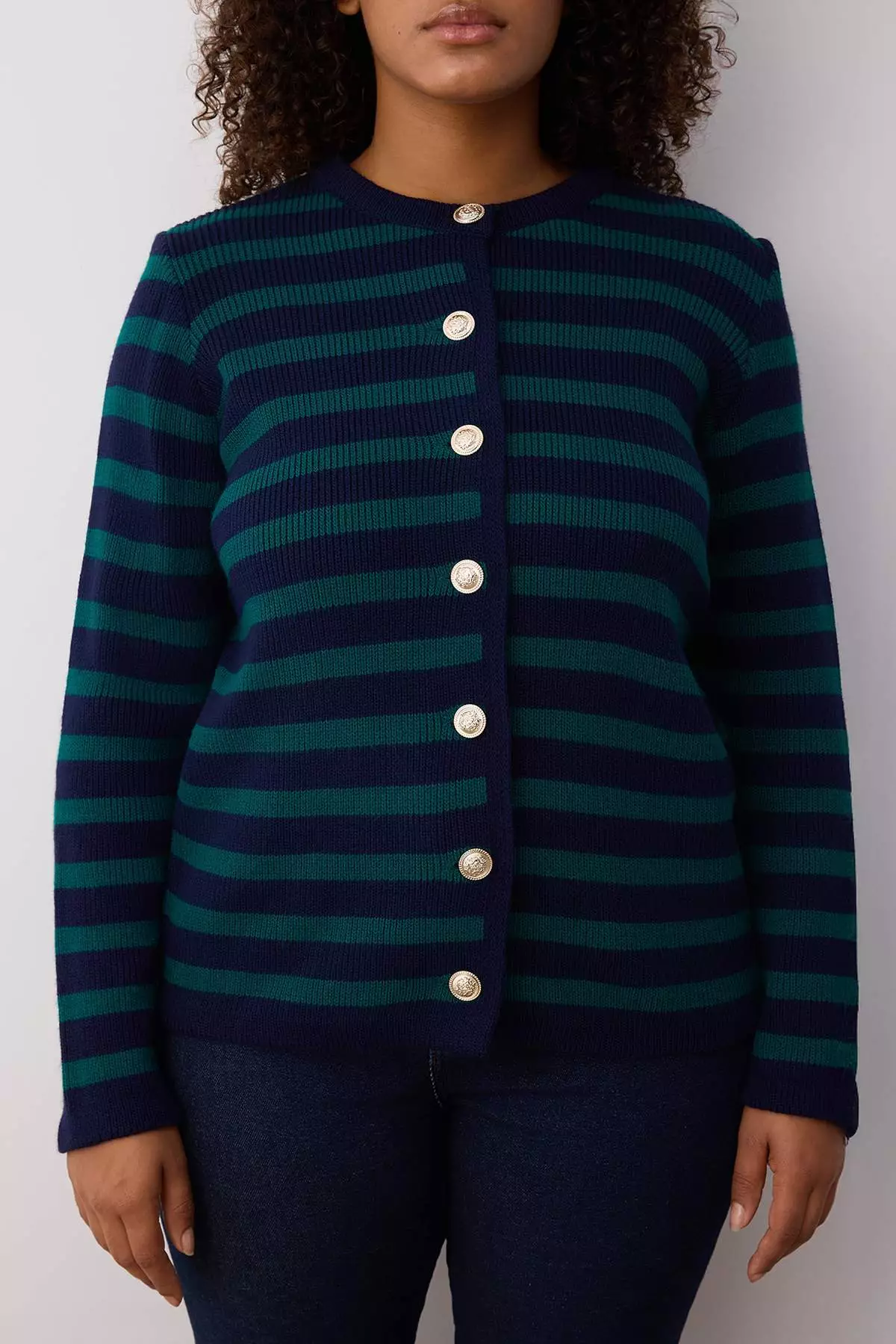 Navy-Green Striped Jacket Look Knitwear Cardigan Tbbaw24Av00011