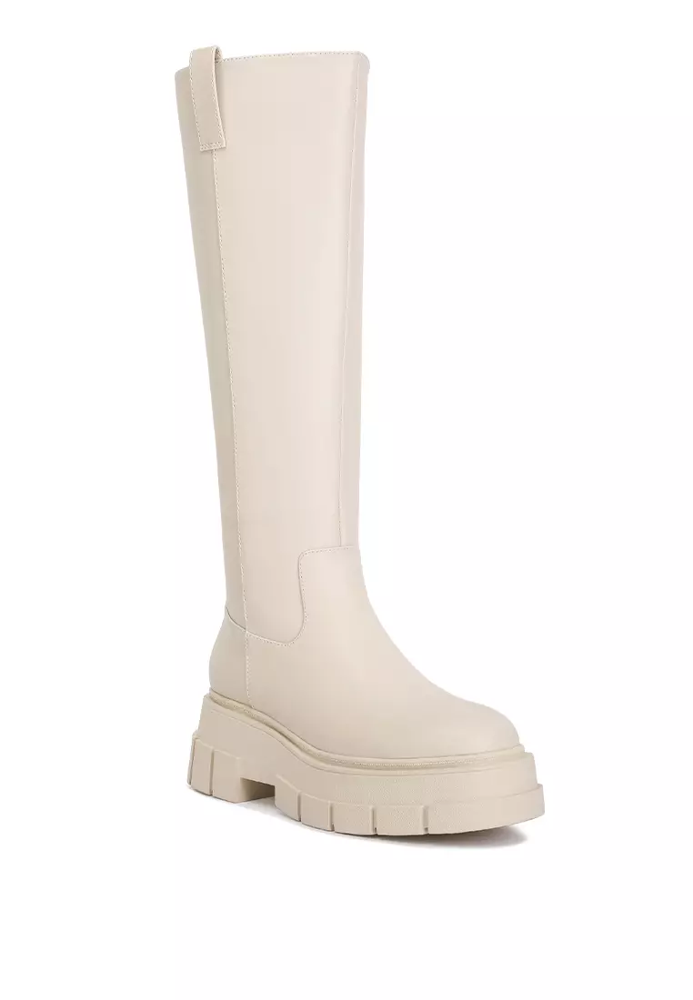 Ecru Faux Leather Chunky Platform Knee Length Boots