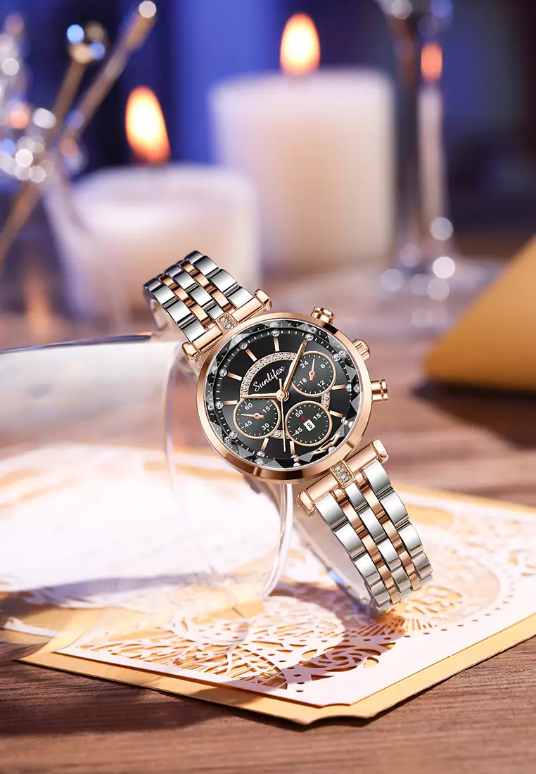 Jam Tangan Wanita Original B005 Kalendar Anti Air Berlian Kuarsa Tali Stainless Steel Jam Tangan Cewek roseblack