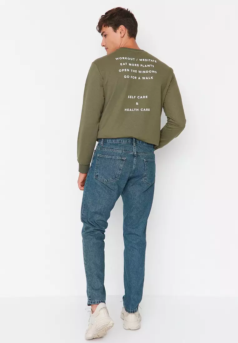 Navy Blue Green Antique Look 100% Cotton Relax Fit Boyfriend Jeans TMNAW23JE00043