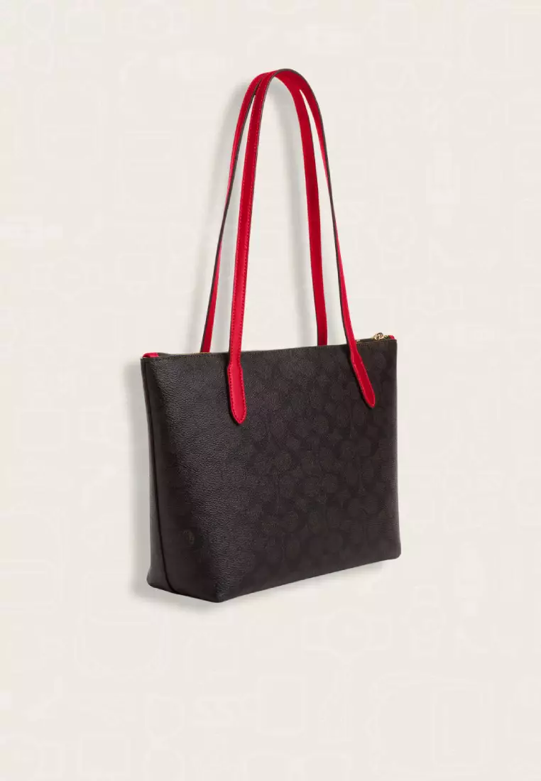 Coach Fiona Zip Tote Bag In Signature Canvas Walnut Bold Red