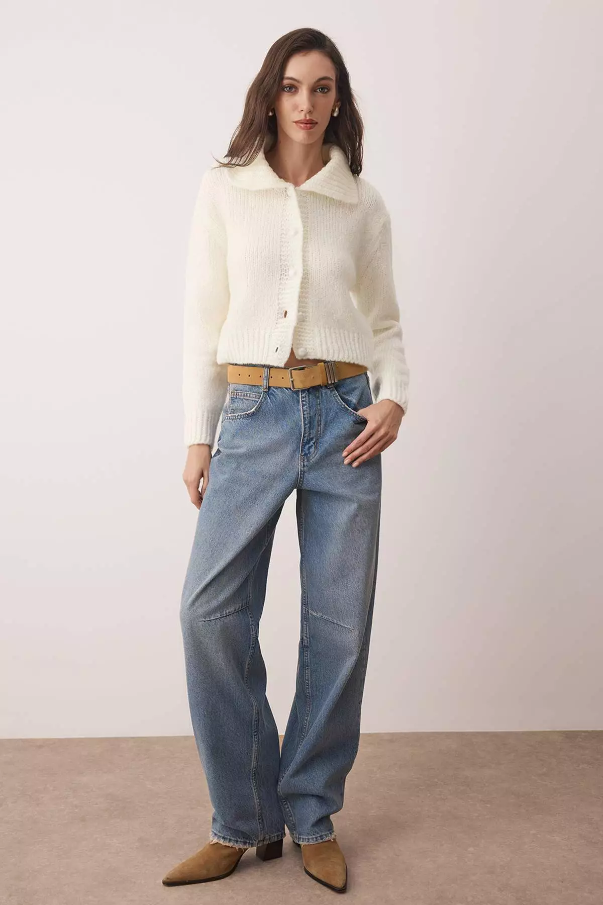 Ecru Oversize/Wide Pattern Crop Knitwear Cardigan Twoaw26Hi00179