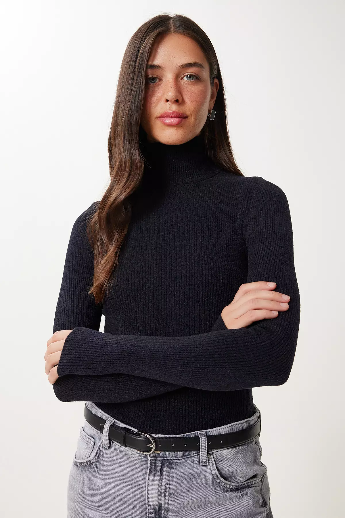 Women's Black Turtleneck Stretchy Ribbed Sweater Ns00460
