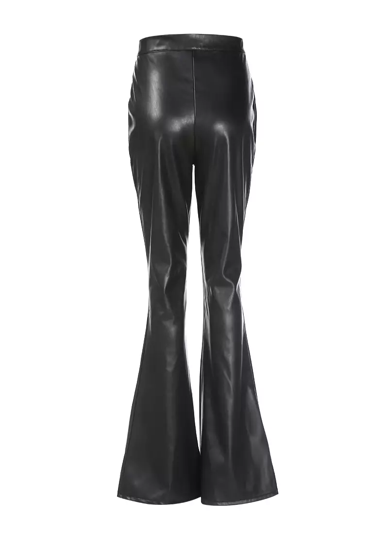 Black Faux Leather High Waist Flared Trousers