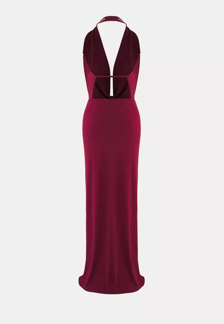 Burgundy Degaje Collar Deep Decollete Shiny Stone Detail Evening Dress Evening Graduation Dress