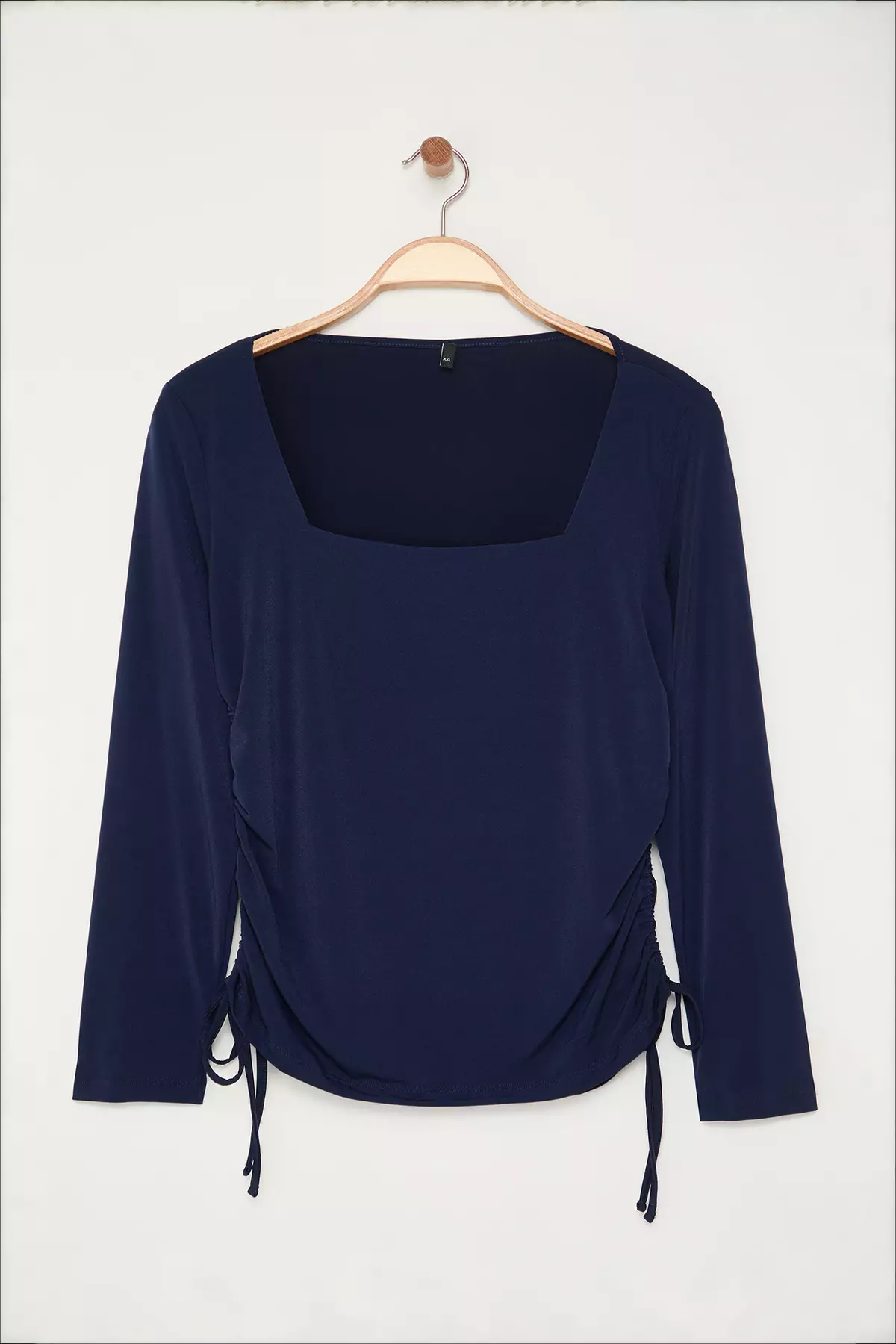 Navy Blue Square Collar Side Gathered Knit Plus Size Blouse