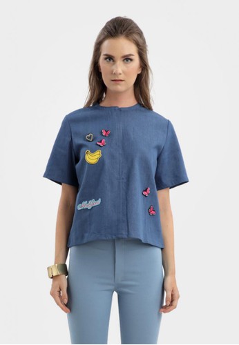Titania Patched Denim Blouse in Blue