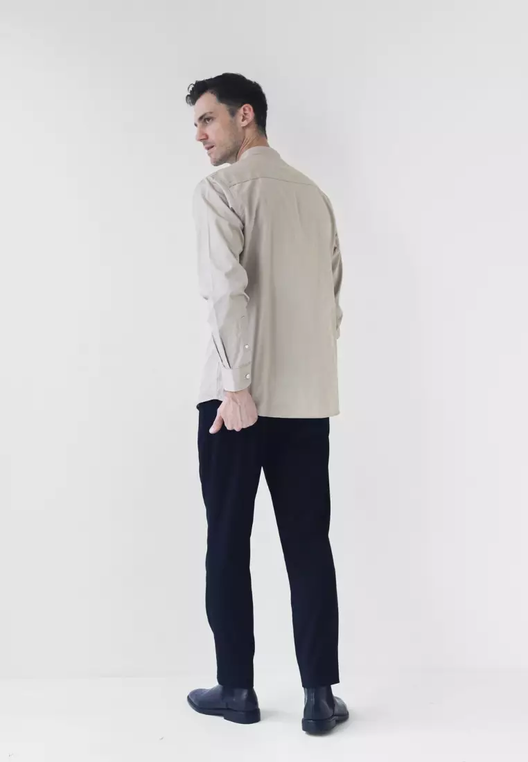 Cotton Well Badr Stand Collar Shirt Light Taupe | Kemeja Koko Lengan Panjang Krem