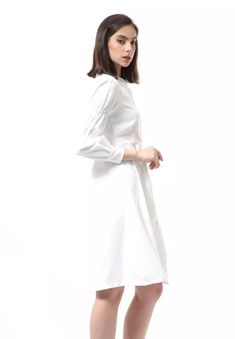 Rachel Dress Midi Kasual Wanita Full Kancing Lengan Bubble Material Cotton ORIGINAL - White