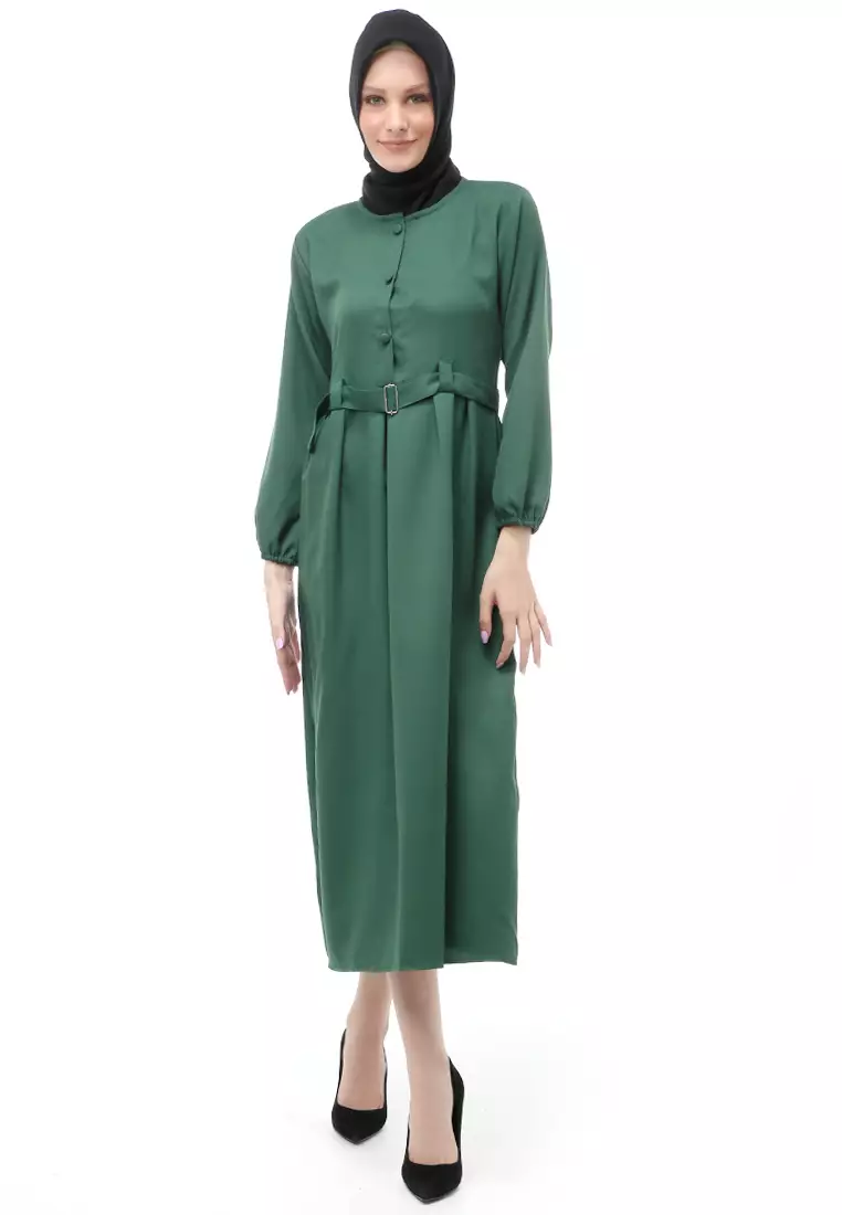 Berliana Gamis Muslimah Wanita With Belt Motif Polos Long Sleeve Relaxed Fit - Army