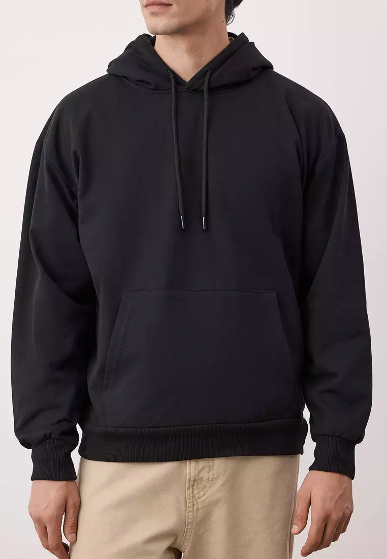 Black Oversize/Wide Cut Hooded Fleece/Warm Deer Printed Sweatshirt