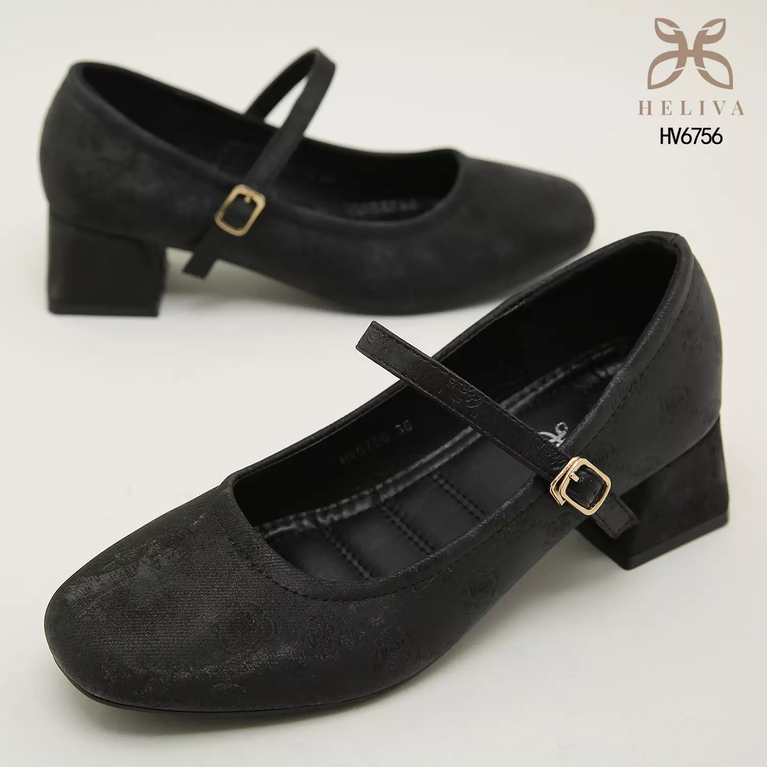Heliva Kimmy Marry Jane Shoes Heels Chunky Embossed Flower Sol 5cm