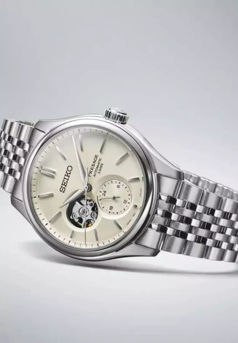 精工 Presage 經典系列半鏤空「Shiroiro」鏤空設計不鏽鋼錶帶自動手錶 SPB469J1
