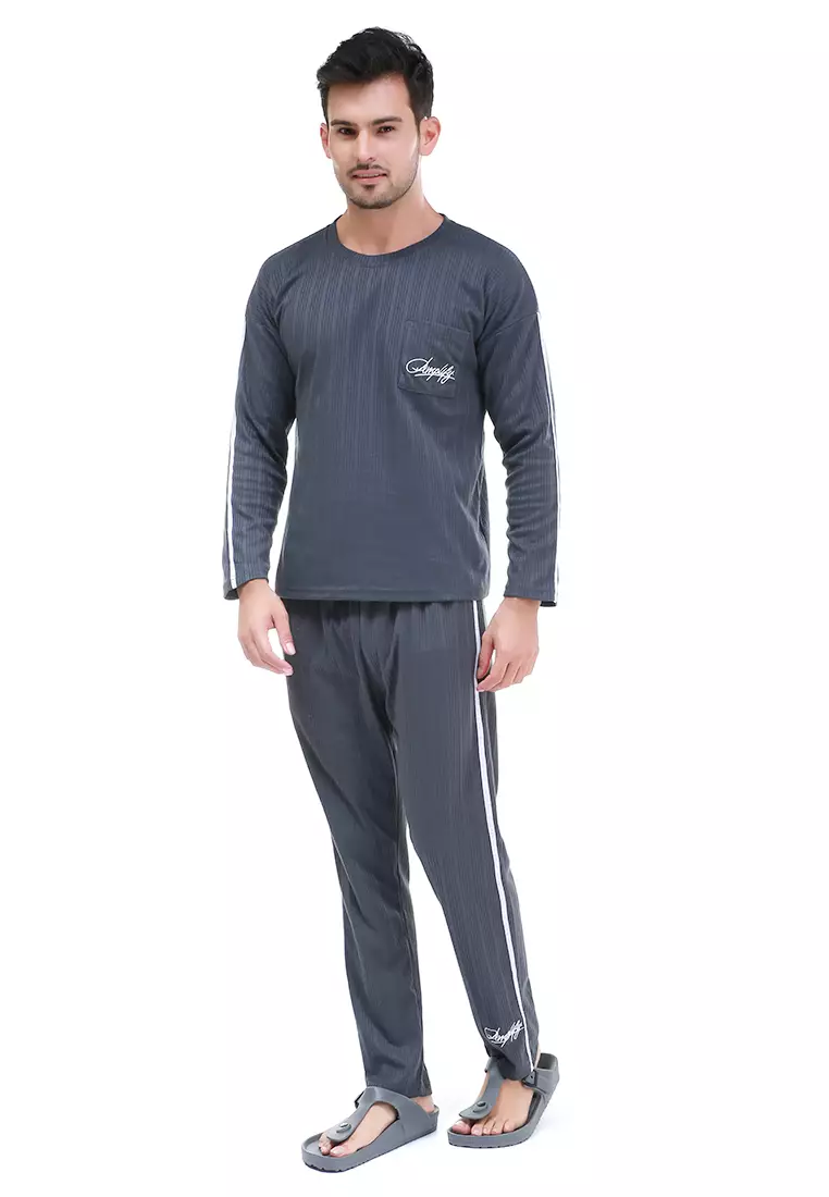 Klicin Setelan Baju Tidur Piyama Pria Amplify One Set Sleepwear Pajamas Material Fabric ORIGINAL - Black