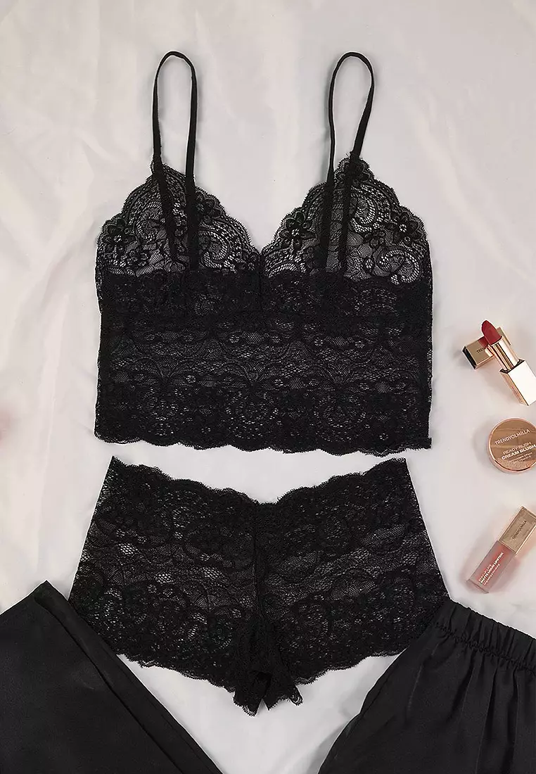 Lace Top & Panties With Pyjama Pants 3-Piece Set