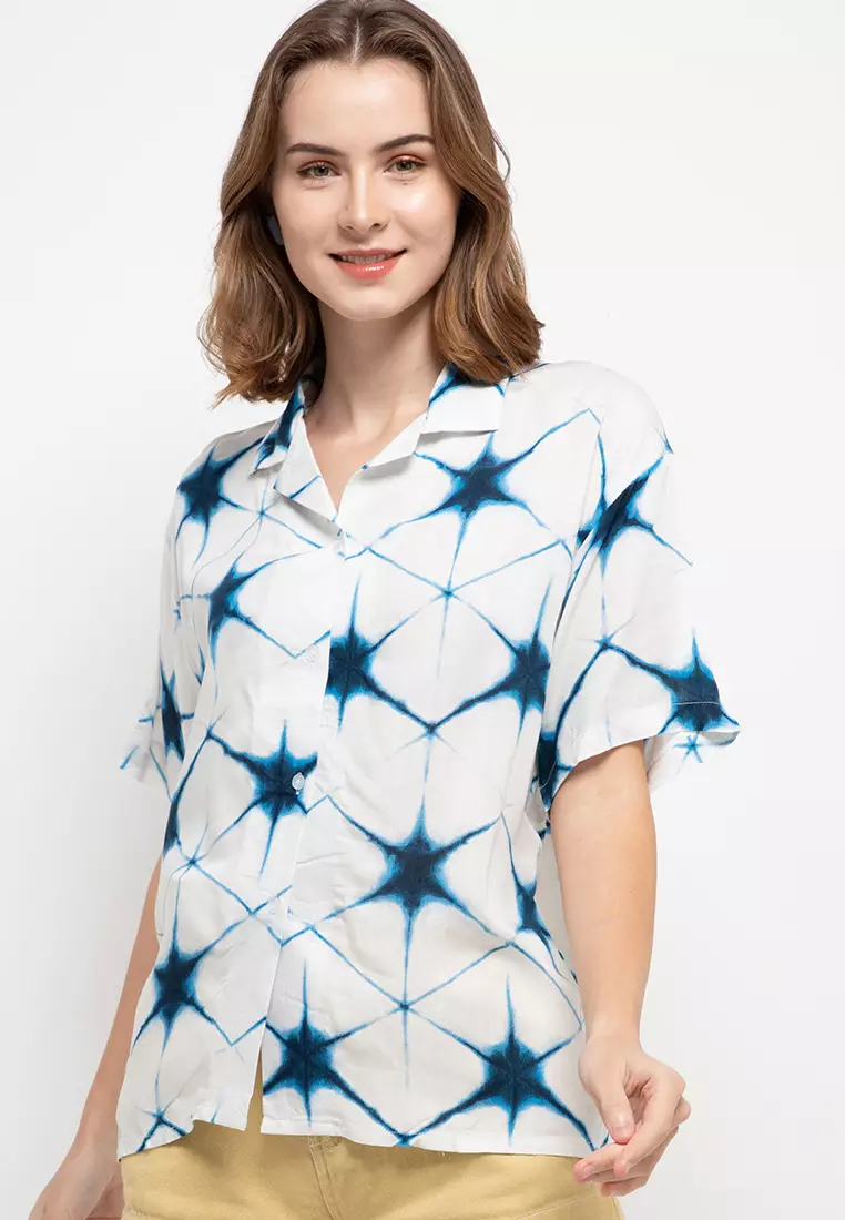 Nade Japan FTA35 VCS Kemeja Rayon Tie Dye Star Kemeja kerah 2-in-1 Kemeja Piyama Wanita Biru