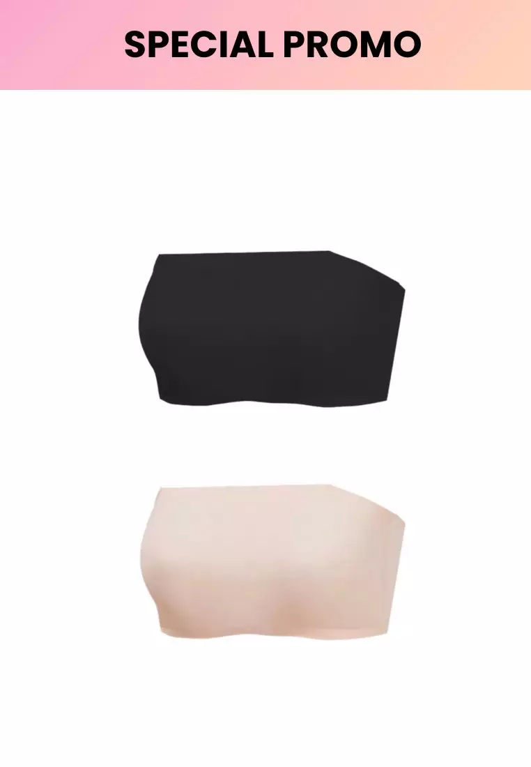 2 Pack Premium Asher Strapless Non-Slip Ice Silk Bralette Top in Black and Beige