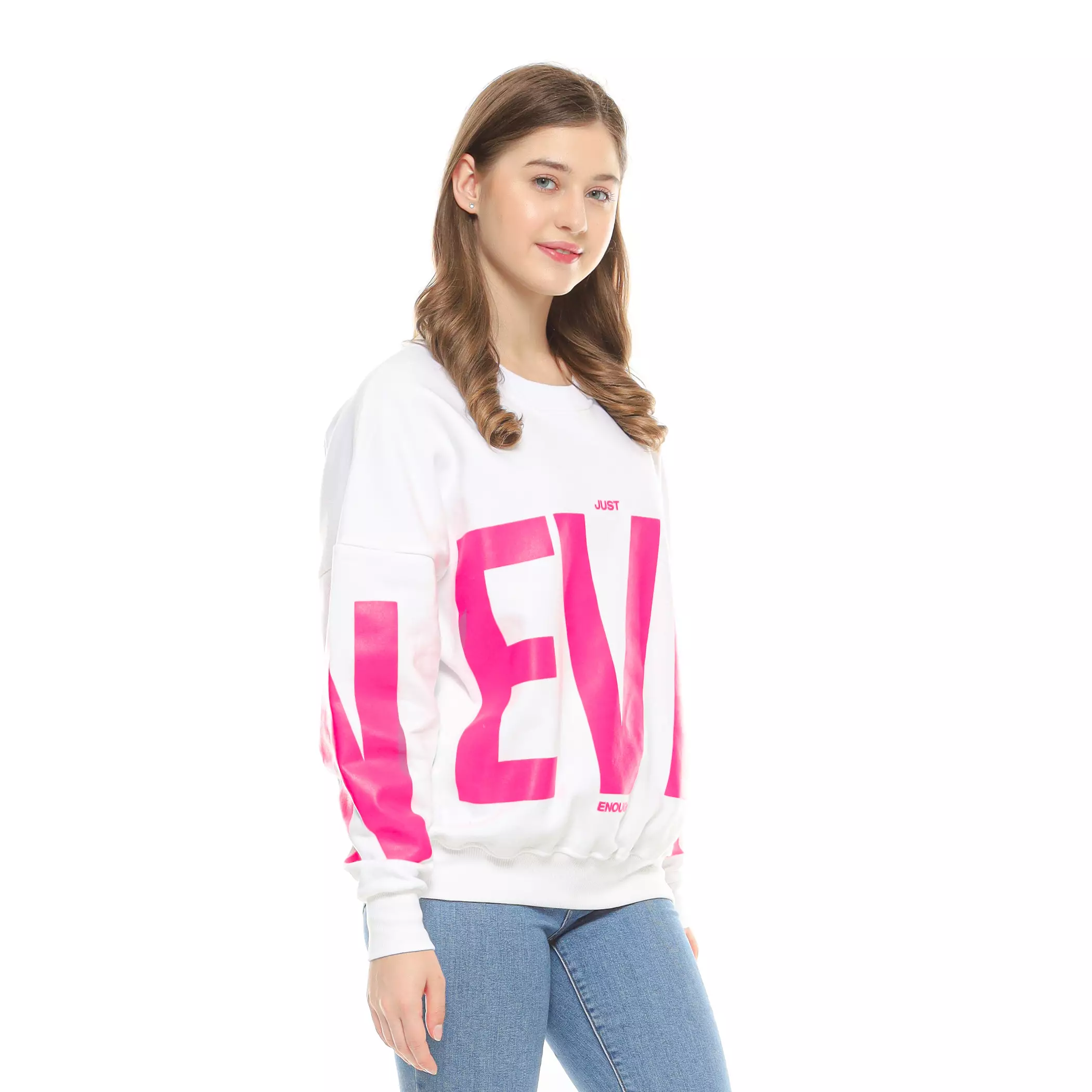 Enough For Today Sweater Oversize Oblong Wanita Big Size Jumbo Crewneck Putih Boxy Never Fuschia
