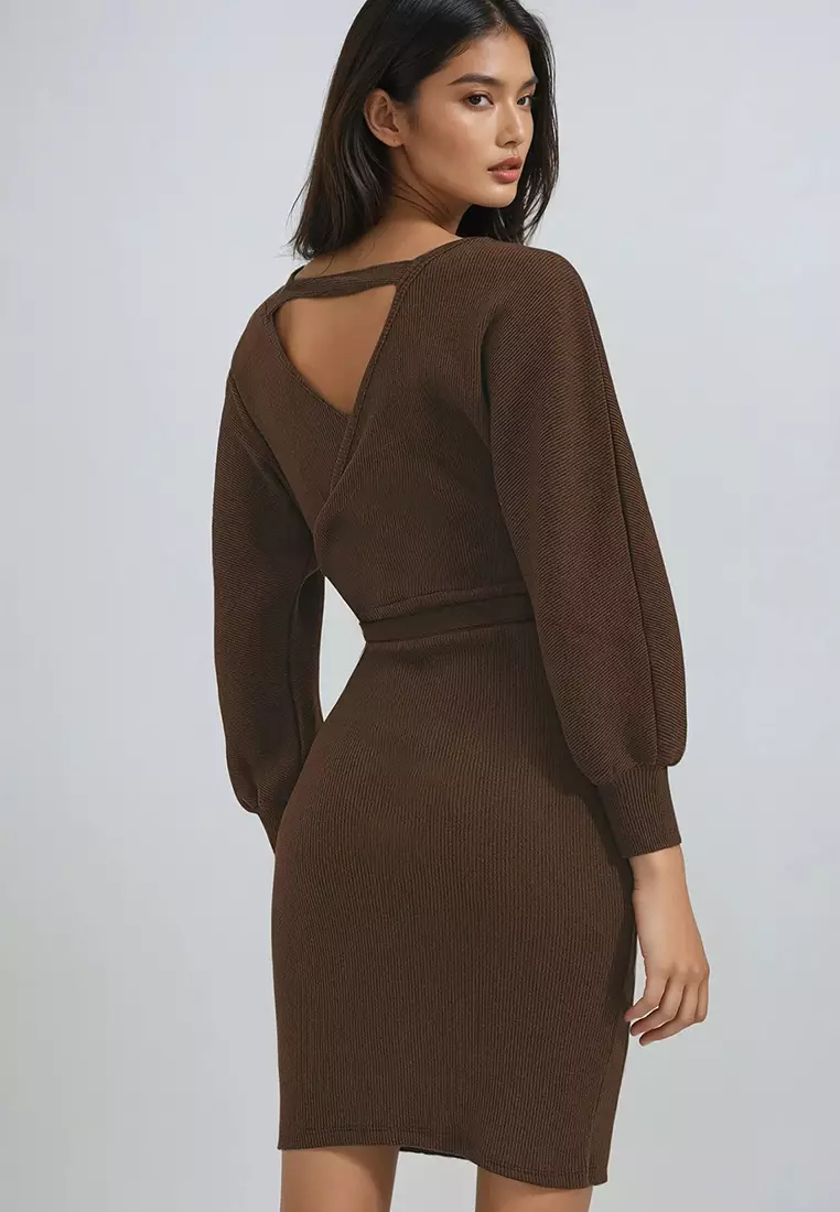 Women's Dark Brown Double-Breasted Batwing Sleeve Waist Belted Camisole Dress Alc-X7623