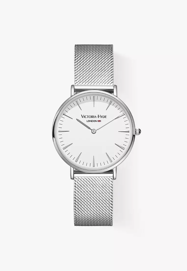 中性休闲表 男女通用 現代風格 38mm白色圓形表盤不鏽鋼網狀表帶-銀色