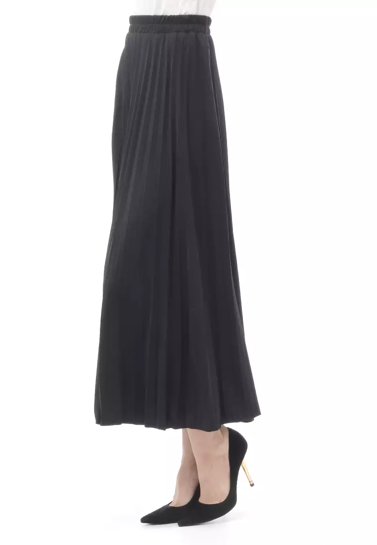 Skirt Plisket Bawahan Wanita Motif Polos Relaxed Fit - Hitam