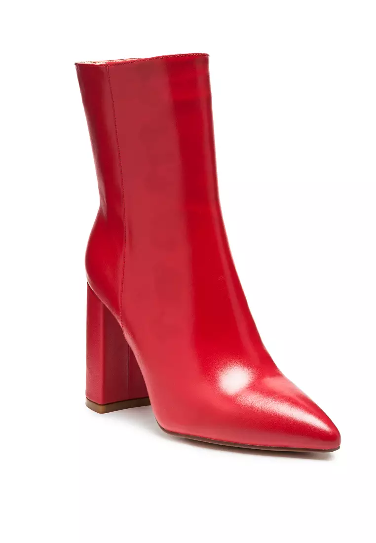 Red block deals heel ankle boots
